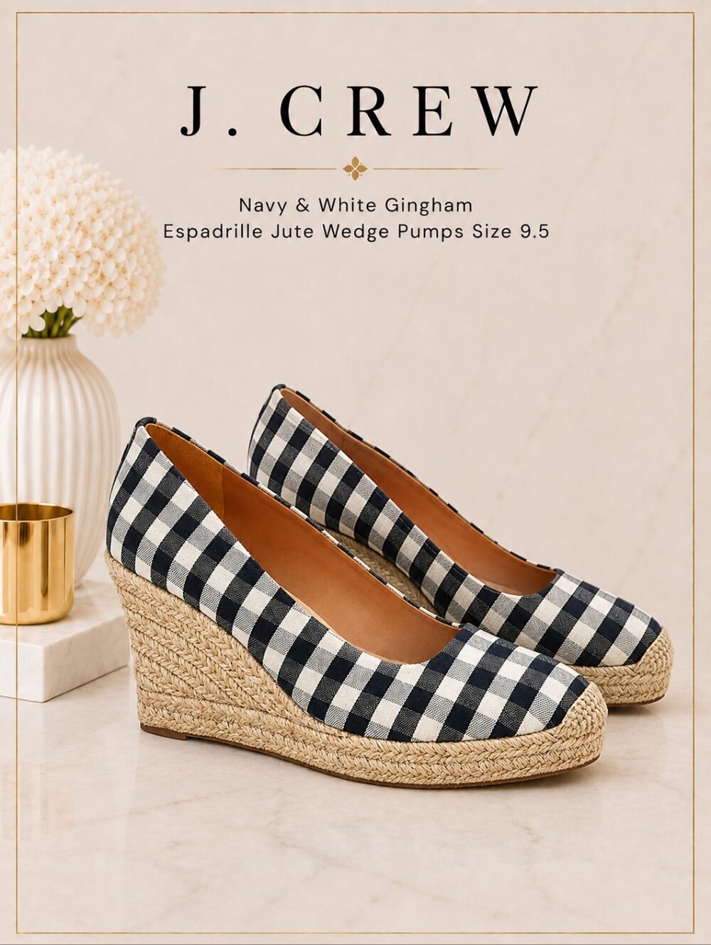 J.Crew Comfortable Navy & White Gingham Espadrille Jute Wedge Pumps – Size 9.5